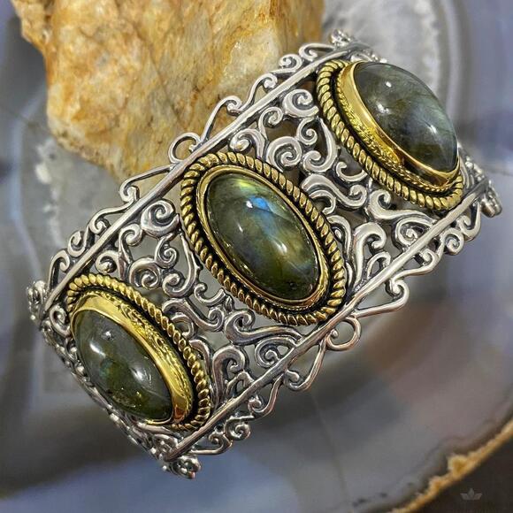 Jewelry - Carolyn Pollack Sterling Silver & Brass 3 Oval Labradorite Decorated Bracelet